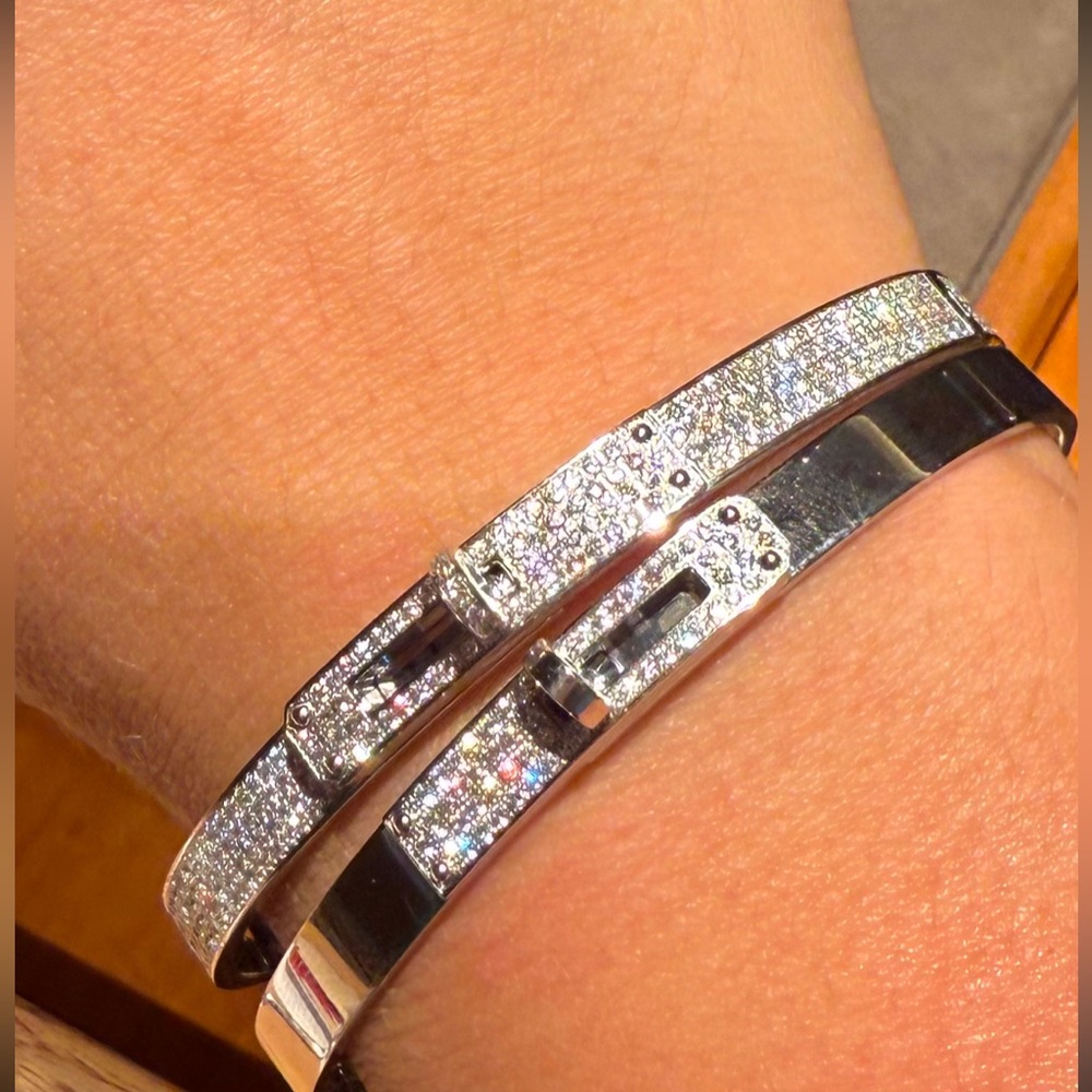 Hermes 18K White Gold Diamond PM Kelly Pave Bracelet ST